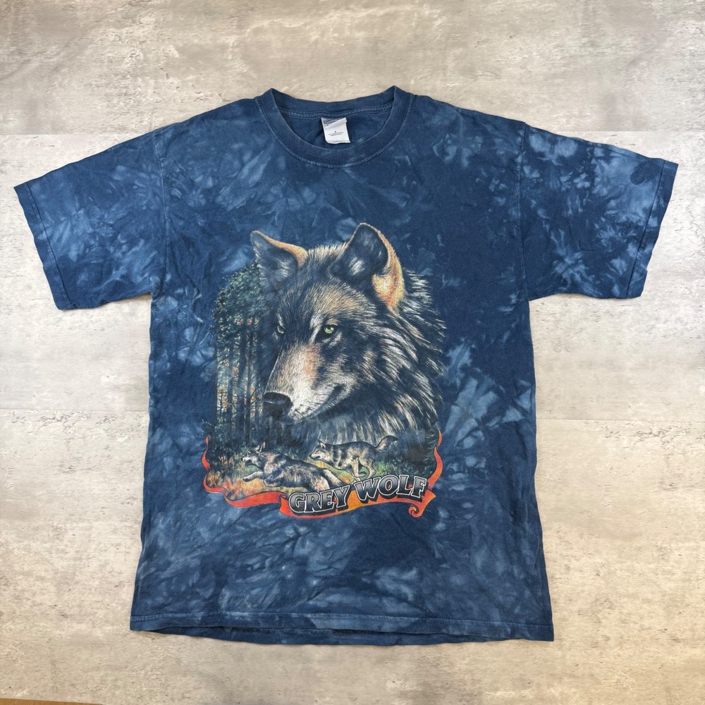 Gildan Ultra Cotton Grey Wolf Forest Graphic Tie Dye T-Shirt Blue Large